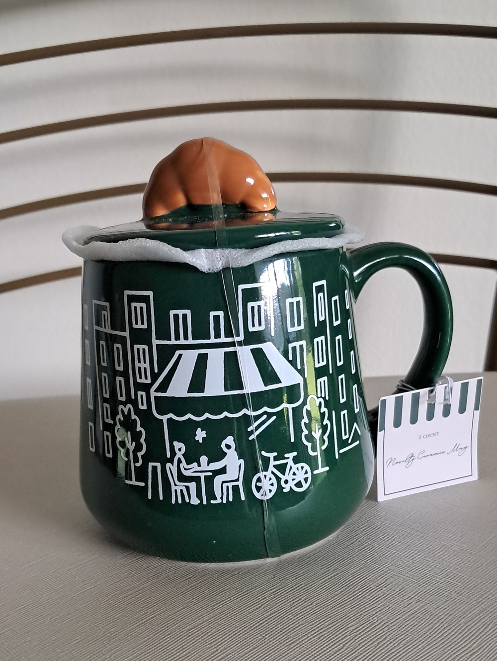 New!Viral Ceramic Cafe Mug with Croissant Lid Accent